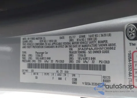 2017 Ford Fiesta S z USA, uszkodzony, nr VIN 3FADP4AJ5HM136862